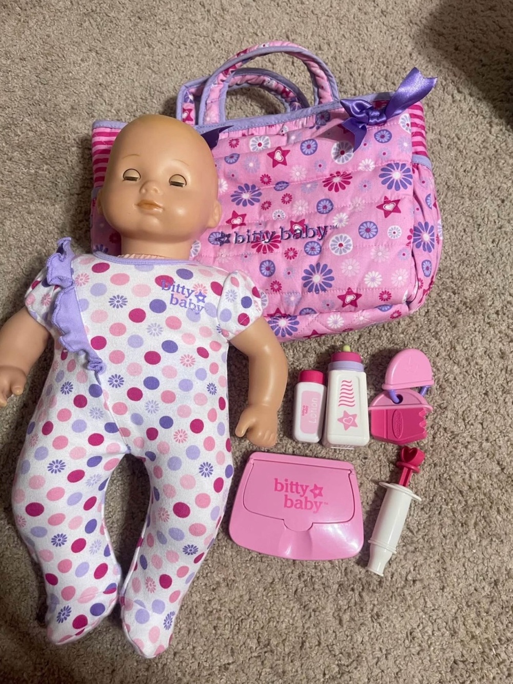 American Girl Bitty Baby Doll with Pink and Purple Floral Tote & Accessories
